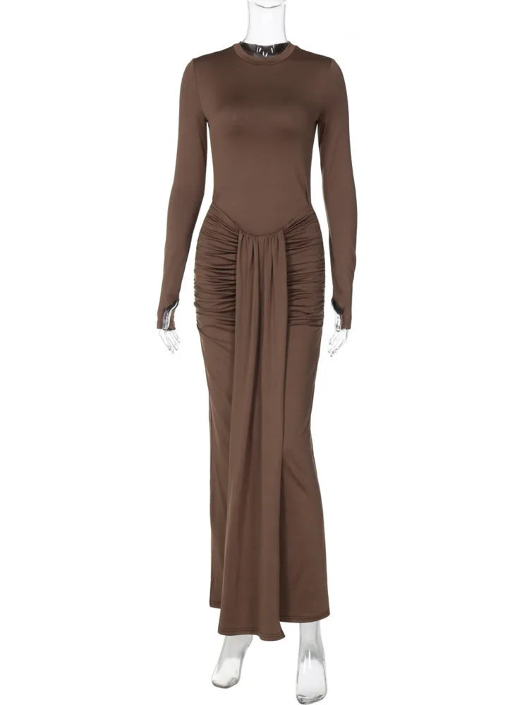 Ruched Draped Sexy Maxi Dress For Women Fashion O Neck Long Sleeve Bodycon Club Party Long Dress Female Elegant Dresses