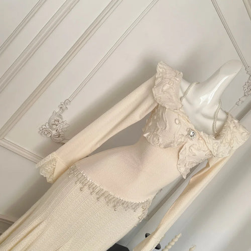 Load image into Gallery viewer, French Fashion Women's Beige Lace Tassel Long Sleeve Ruffles Dress 2024 Autumn Vintage New High Waist Pleated Fishtail Dresses
