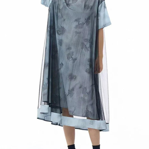 Load image into Gallery viewer, Women Blue Pattern Printed Mesh Big Size Midi Dress New Round Neck Short Sleeve Fashion Tide Spring Summer 2025 1DJ1326
