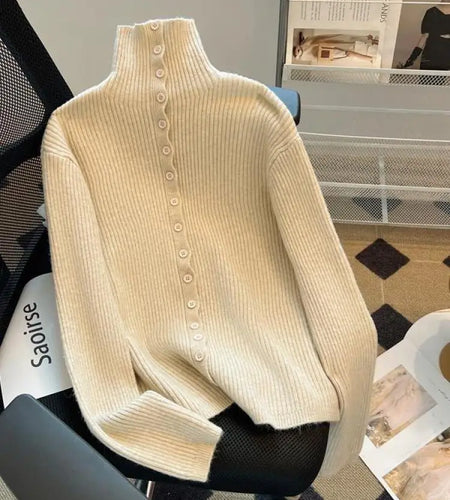 Women Beige Elegant Knitted Half High Neck Sweater Autumn Winter Pink Basic Slim Single Breasted Pullovers Tops Simplicity Retro