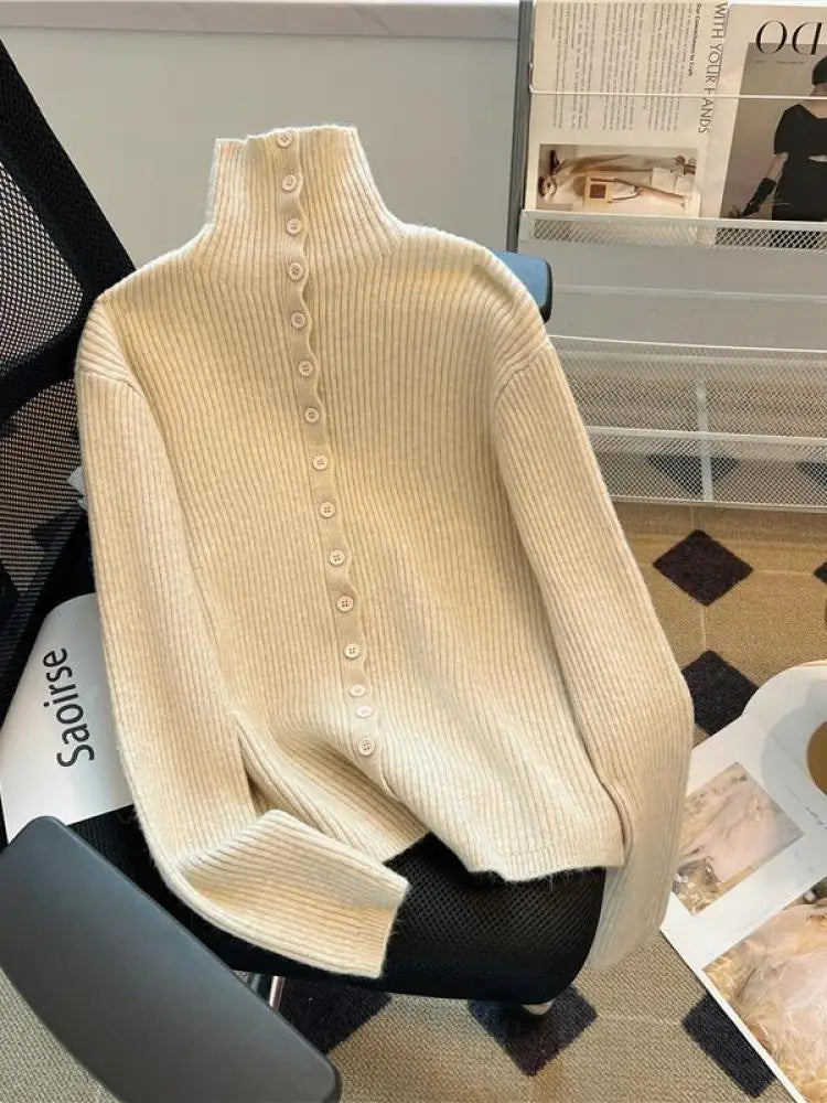 Women Beige Elegant Knitted Half High Neck Sweater Autumn Winter Pink Basic Slim Single Breasted Pullovers Tops Simplicity Retro
