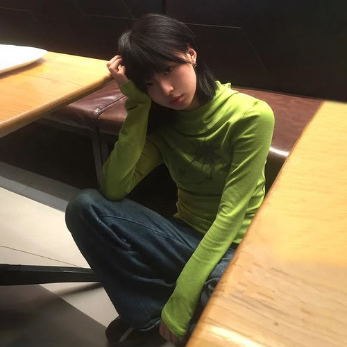 Load image into Gallery viewer, Japanese Y2k Hooded T-shirt Grunge Aesthetics Green Long Sleeve Tee Shirt Vintage Harajuku Hooded Tops 2000s Streetwear
