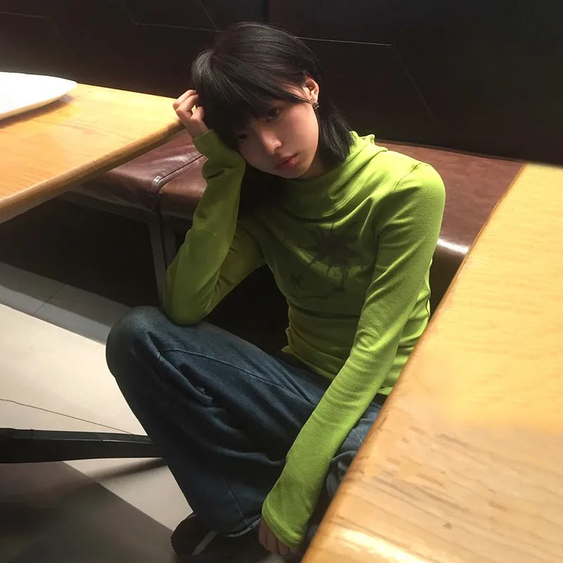 Japanese Y2k Hooded T-shirt Grunge Aesthetics Green Long Sleeve Tee Shirt Vintage Harajuku Hooded Tops 2000s Streetwear