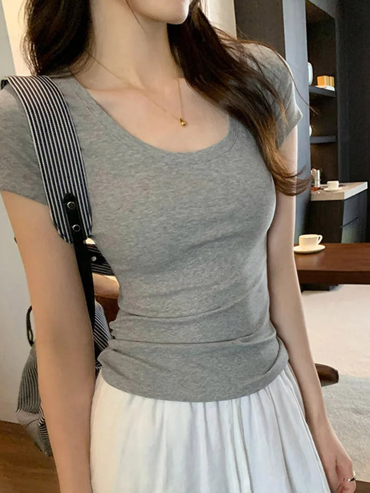 Summer Casual Cotton T Shirt For Women Short Sleeve Tshirts Fashion Womens Clothing Slim Basic O Neck Y2K Tee Shirt Femme