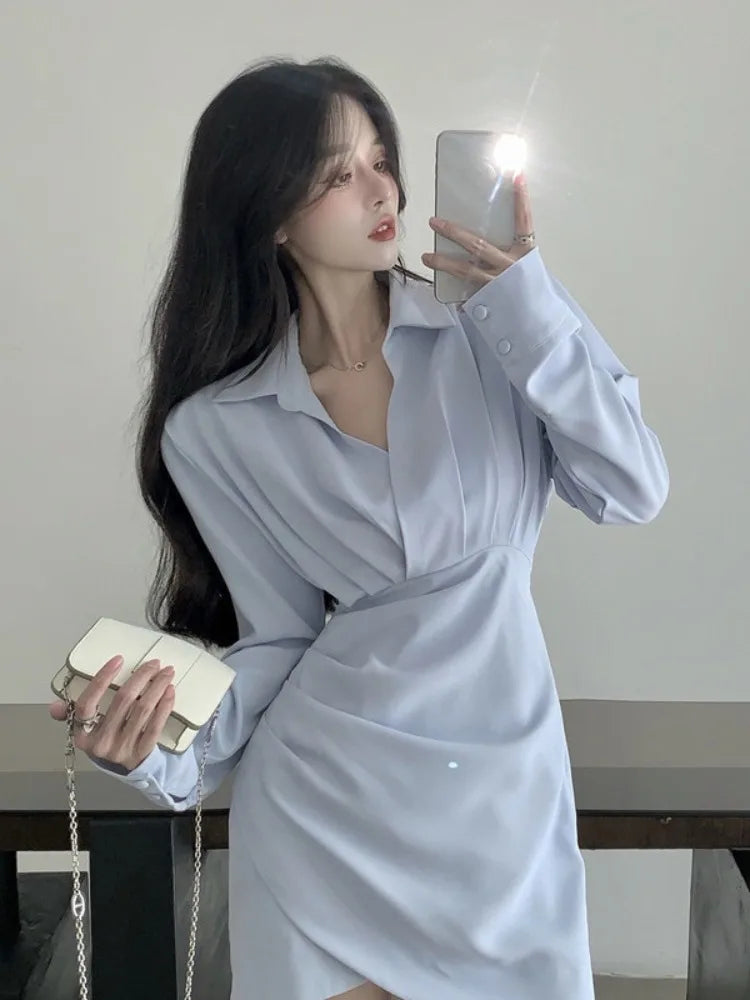 Shirt Mini Dress Women Korean Style Kpop Slim Wrap Design Short Party Dresses Autumn Winter Fashion New in Basics