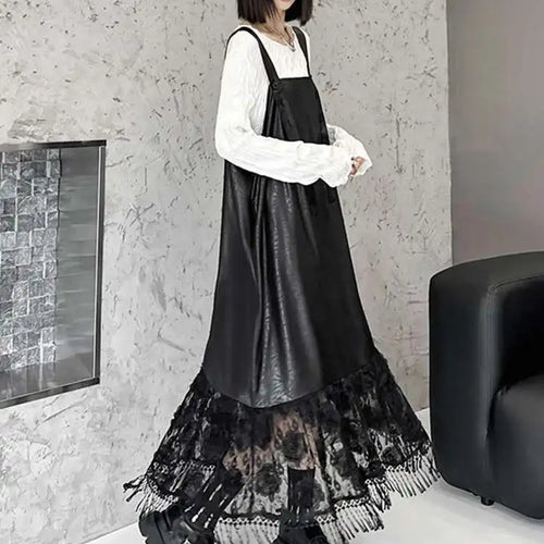 Load image into Gallery viewer, Women Black Pu Leather Hem Lace Big Size Strap Dress New Square Collar Sleeveless Fashion Tide Spring Autumn 2025 1DH7279
