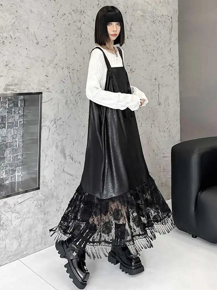 Women Black Pu Leather Hem Lace Big Size Strap Dress New Square Collar Sleeveless Fashion Tide Spring Autumn 2025 1DH7279