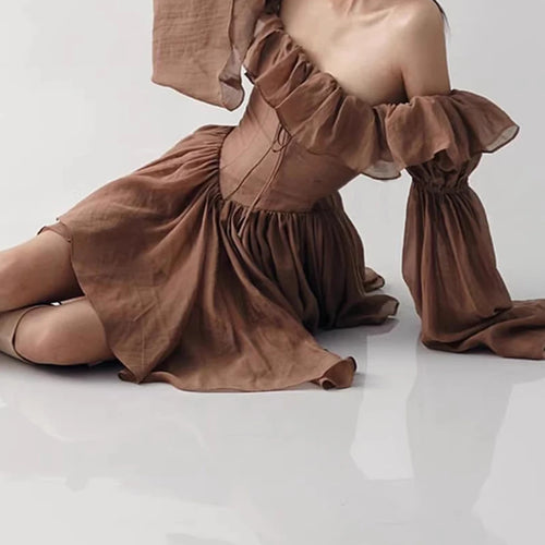 Load image into Gallery viewer, Slimming Spliced Ruffles Folds Fashion Dresses for Women Slash Neck Long Sleeves Patchwork Lace Up Dress Female New
