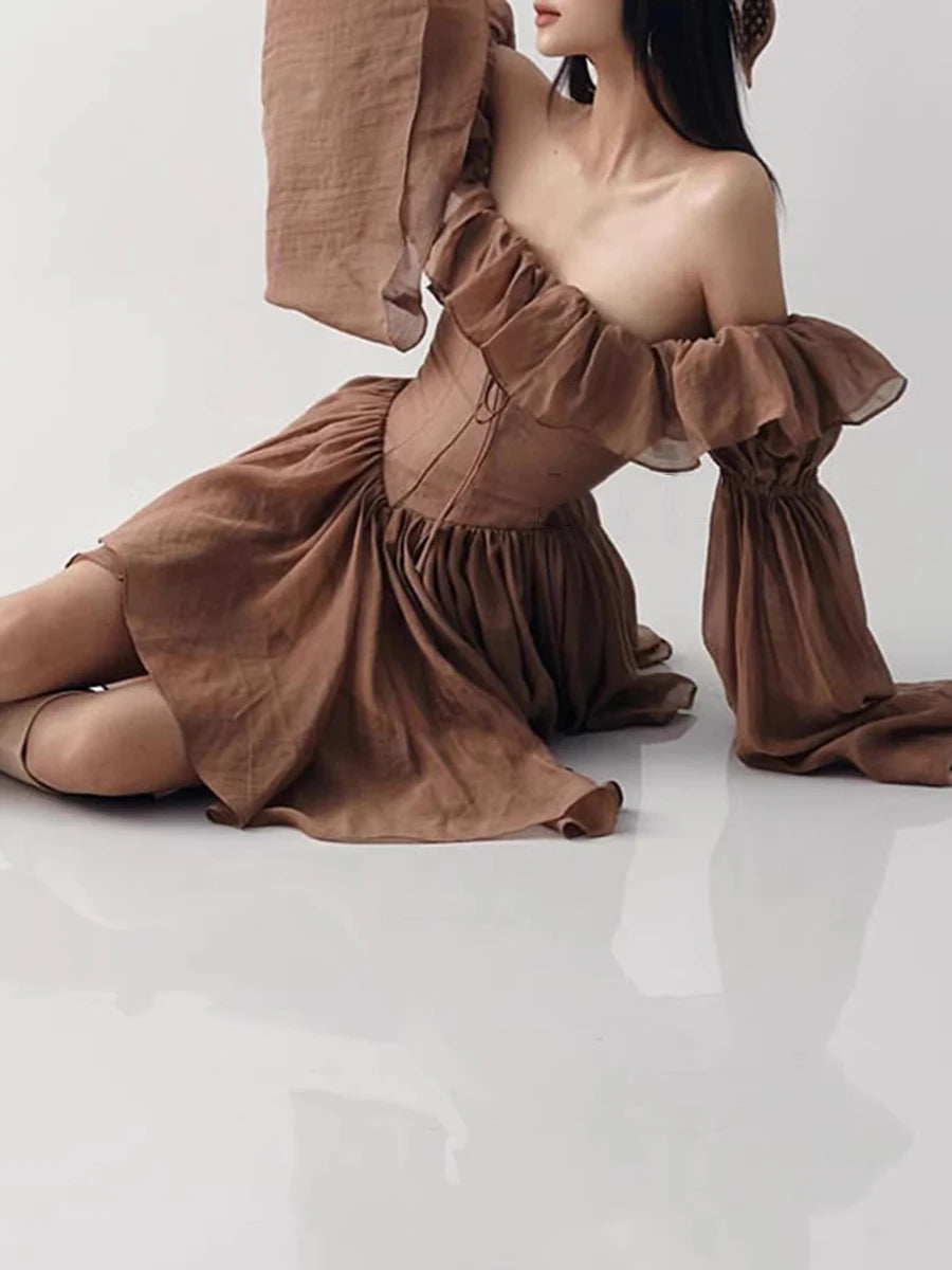 Slimming Spliced Ruffles Folds Fashion Dresses for Women Slash Neck Long Sleeves Patchwork Lace Up Dress Female New