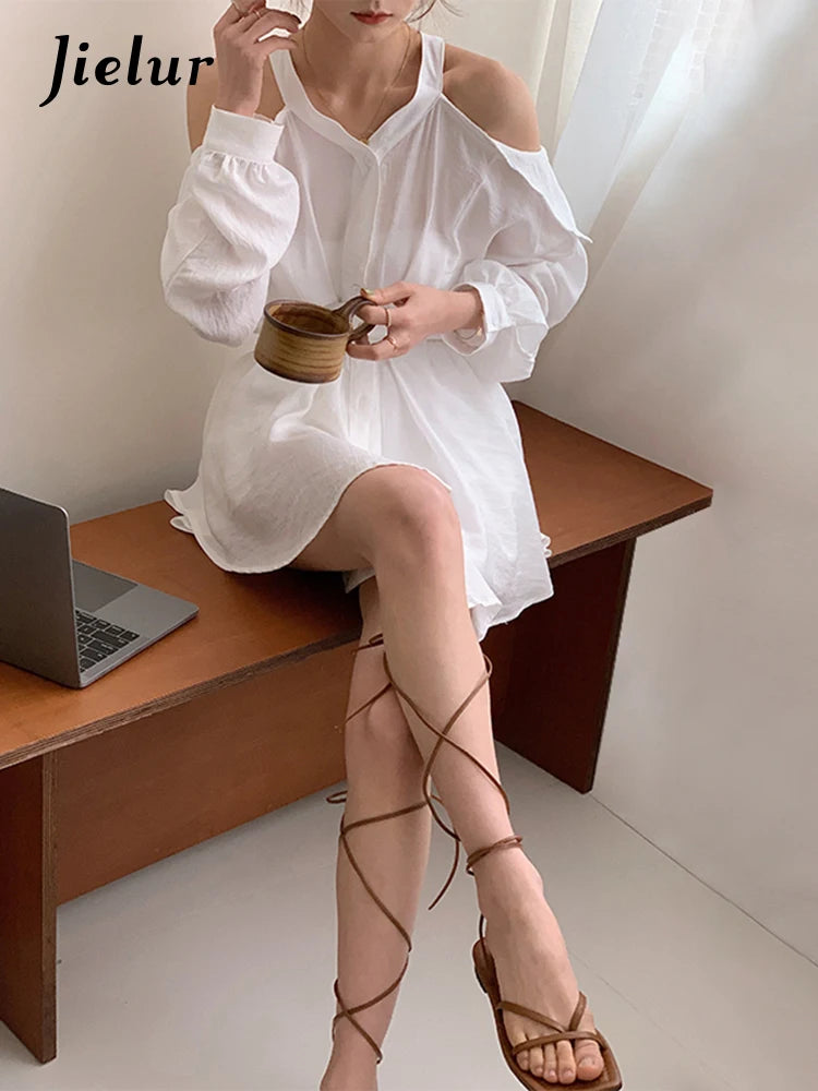 White Two-piece Halter Shirt Dress Summer Slim Bow Backless Long Sleeve O-neck French Style Elegant Fashion Women Dress