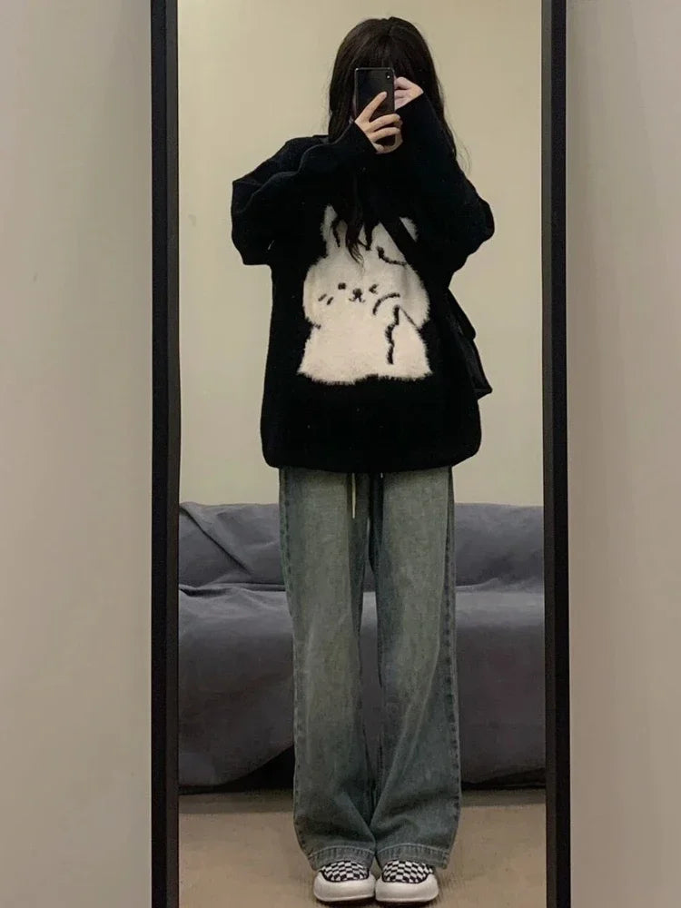 Japanese Cute Rabbit Jacquard Sweater Women Black Pullover Sueter Mujer Y2k Top Jumper Harajuku Knit   Tops
