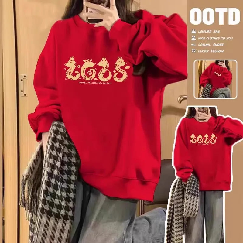 Autumn Winter New Red Letter Print Round Neck Velvet Sweatshirt Thick Korean Women's Loose Long Sleeved Vacation Cotton Tops Y2k