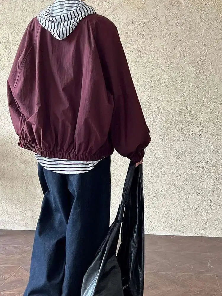 Wine Red Pocket Big Size Casual Thin Jacket New Lapel Long Sleeve Women Coat Fashion Tide Spring Autumn 2025 1DH7292