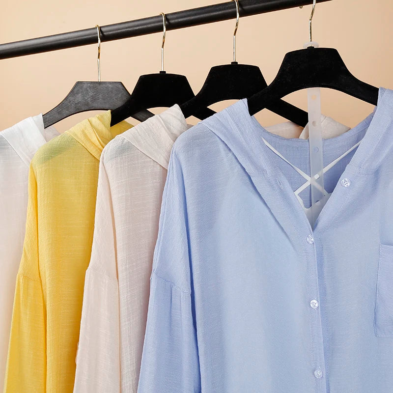 Women's Shirt Casual Cotton Hemp 2022 Summer Loose Long Sleeve Blouses Thin Leisure Hooded Sunscreen Clothes Top Female