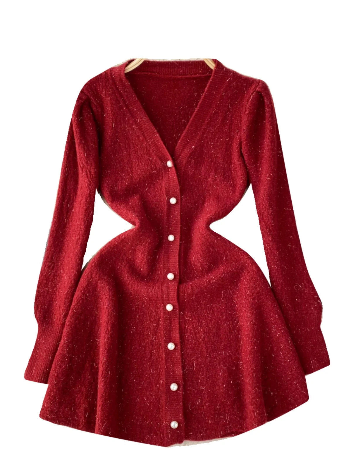 French Fashion Women Solid Single Breasted Elegant V Neck Short Dress Autumn Winter Long Sleeves Knitted Sweater Mini Dress Chic