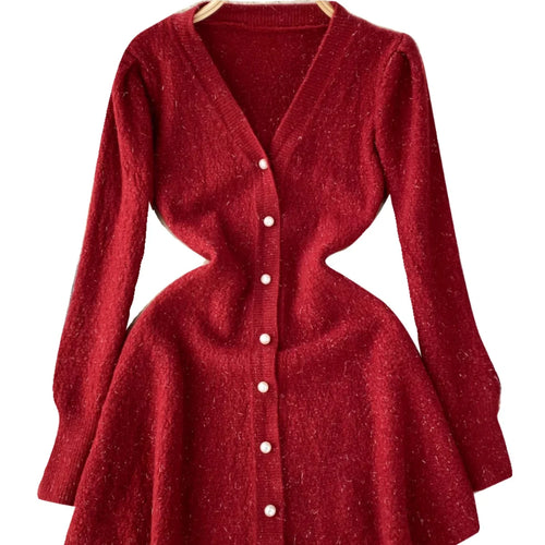 Load image into Gallery viewer, French Fashion Women Solid Single Breasted Elegant V Neck Short Dress Autumn Winter Long Sleeves Knitted Sweater Mini Dress Chic
