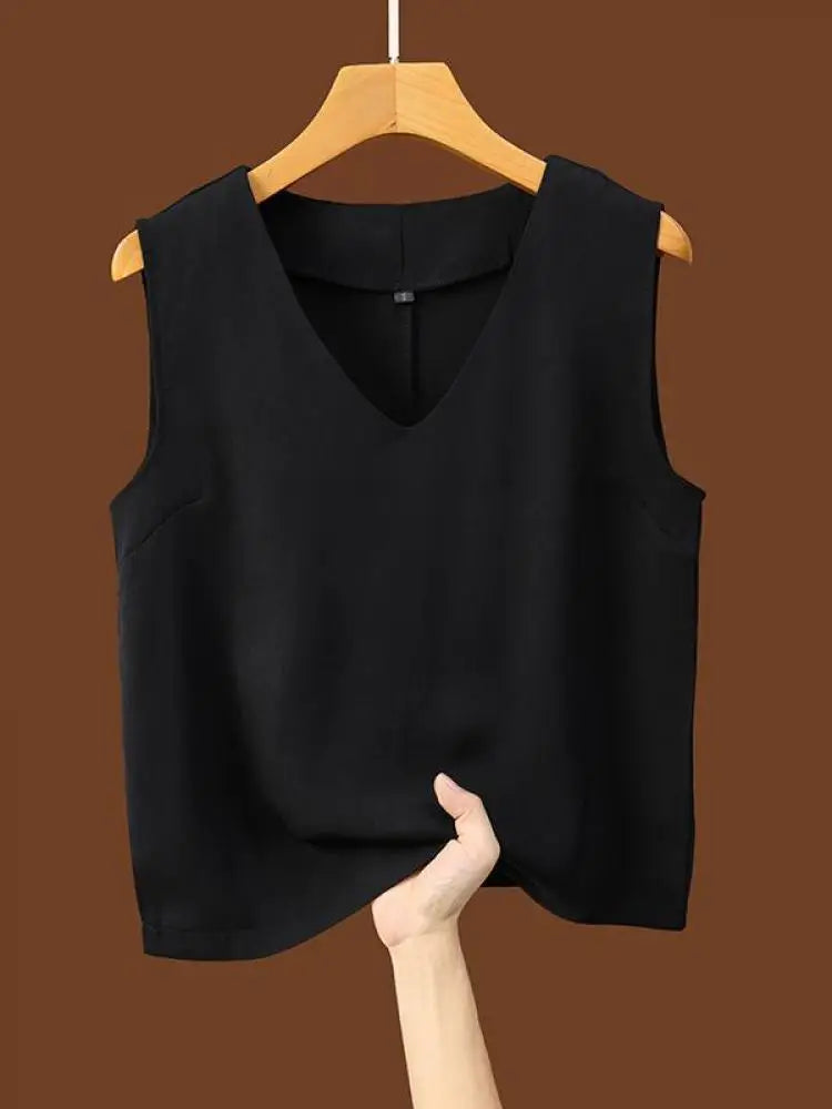 Women Summer Black White Festival Tank Tops Casual Brown Beige Lady V-neck Sleeveless Versatile Short Vest Clothing Simplicity