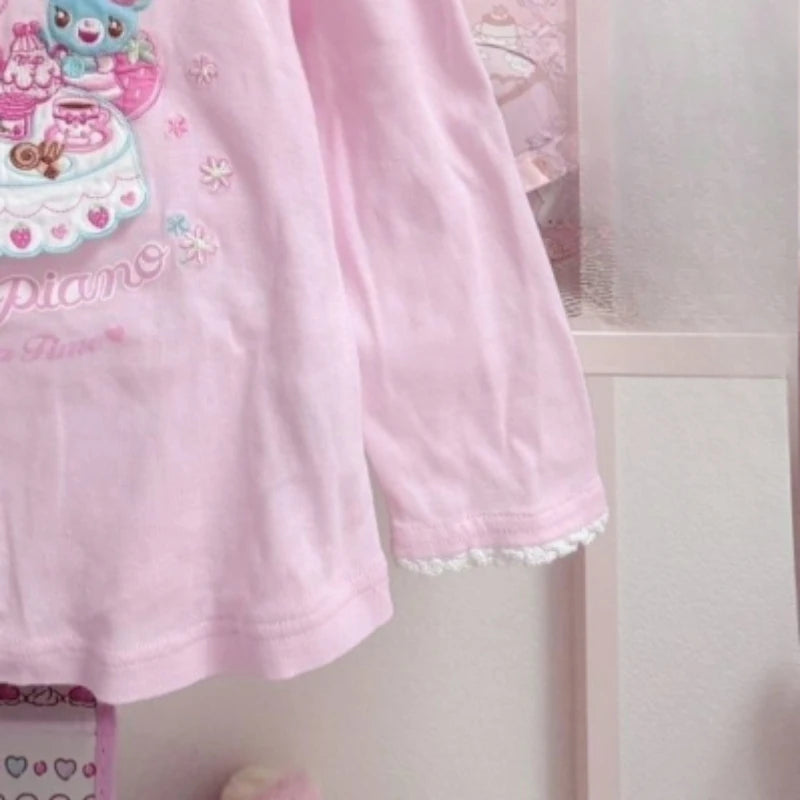 Japanese Cartoon Embroidery T-shirt Women Sweet Y2k Aesthetic Lace Patchwork Tops Girls Harajuku Grunge Kawaii Cute Bow Tees