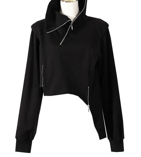 Loose Fit Black Zipper Irregular Sweatshirt New Turtleneck Long Sleeve Women Big Size Fashion Spring Autumn 2025 1DE3327