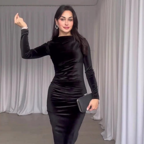 Load image into Gallery viewer, Elegant Long Sleeved Velvet Dress For Women Noble Velvet Slim Sexy Slit Irregular Dress Long Dress Party Evening Dress
