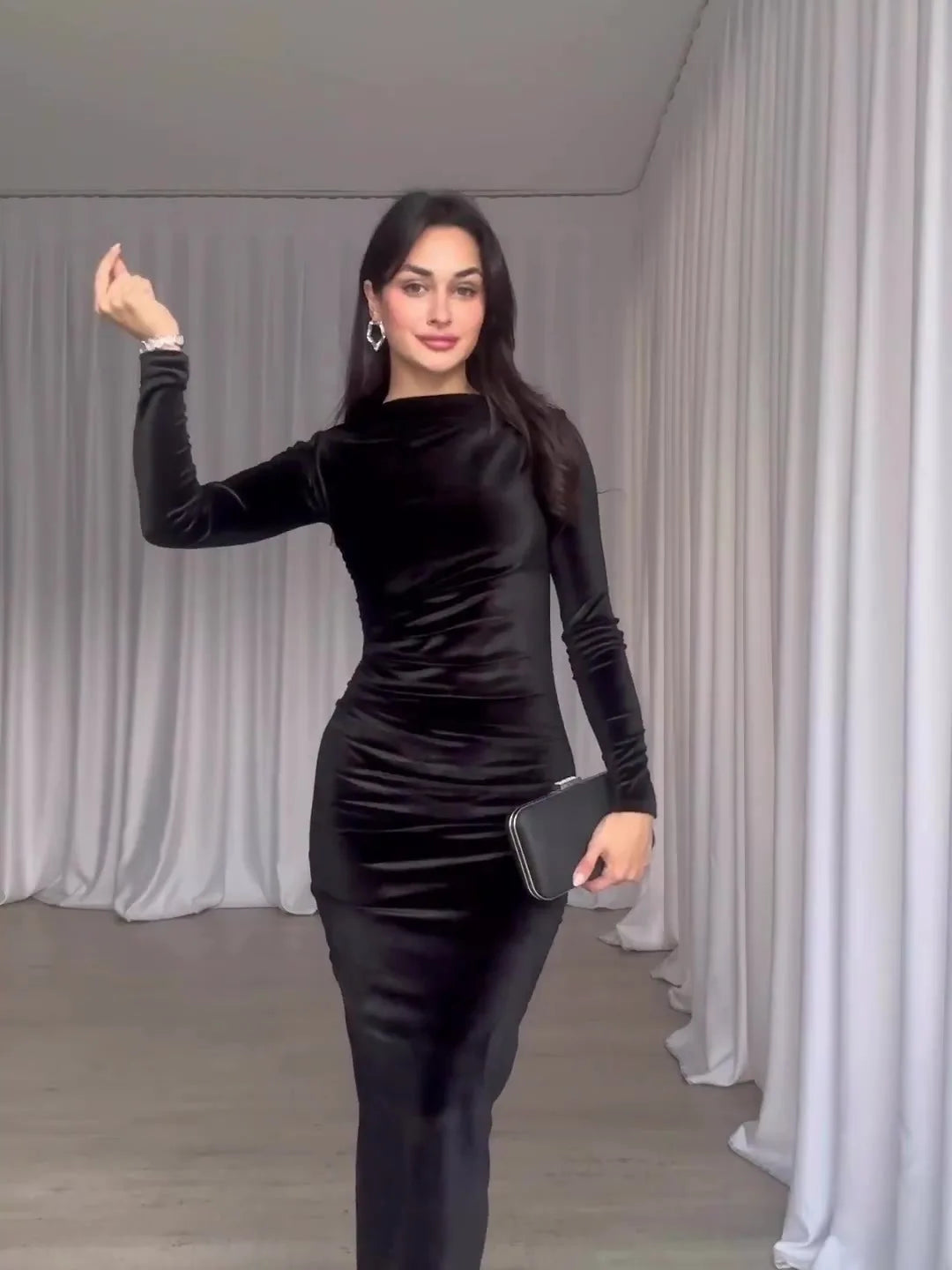 Elegant Long Sleeved Velvet Dress For Women Noble Velvet Slim Sexy Slit Irregular Dress Long Dress Party Evening Dress