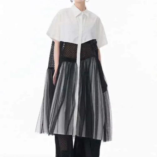 Load image into Gallery viewer, Women White Mesh Color-block Big Size Midi Shirt Dress New Lapel Short Sleeve Fashion Tide Spring Summer 2025 1DJ0045
