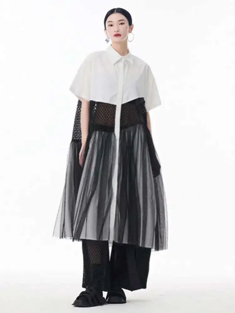 Women White Mesh Color-block Big Size Midi Shirt Dress New Lapel Short Sleeve Fashion Tide Spring Summer 2025 1DJ0045