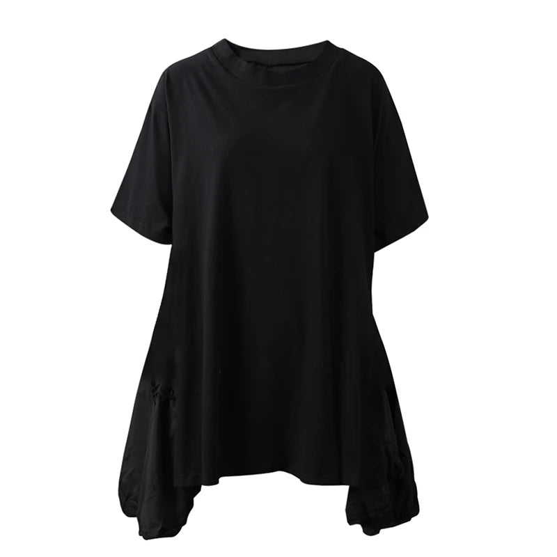 Women Black Ruffles Irregular Big Size Mini Dress New Round Neck Short Sleeve Fashion Tide Spring Summer 2025 1DH9574
