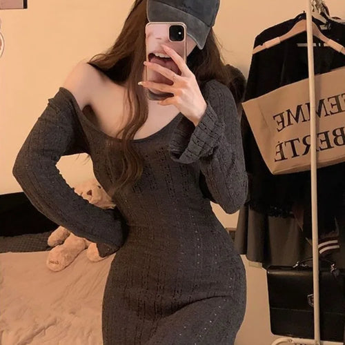 Load image into Gallery viewer, Sexy Knit Knitted Sweater Dress Bodycon Women Autumn Vintage Retro Wrap Long Sleeve Short Mini Dresses
