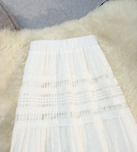 2024 Vintage Women White Elastic High Waist Hollow Out A-line Half Short Skirt Spring Summer Elegant Slim Versatile Fairy Skirts