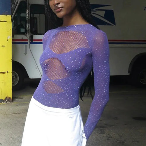 Load image into Gallery viewer, Sexy Mesh Hollow Out Long Sleeve Bodysuit Women Elastic Slim Perspective Shiny Jumpsuit Female Party Club Autumn 2023
