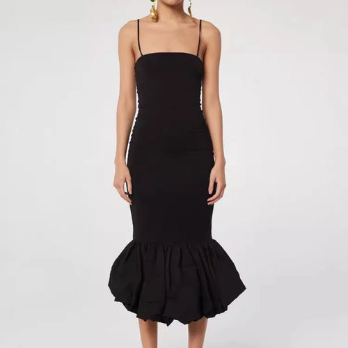 Load image into Gallery viewer, Spaghetti Strap Knit Fishtail Dress For Women Gown Black Sleeveless Backless Bodycon High Waist Sexy Long Dress Elegant
