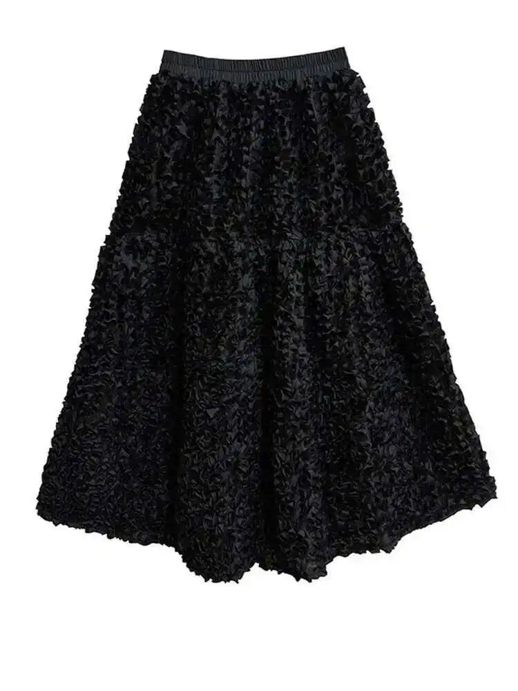 High Elastic Waist Black Three-dimensional Midi A-line Half-body Skirt Women Fashion Tide New Spring Autumn 2025 1DH6459