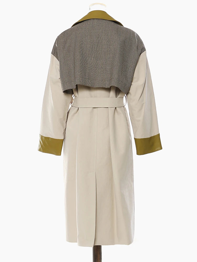 Women Champagne Leather Plaid Big Size Trench New Lapel Long Sleeve Windbreaker Fashion Tide Spring Autumn 2025 1DF0725