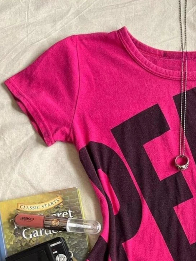 2025 Summer Letter Printing T-shirts Y2k Aesthetic Vintage Casual Fairy Cropped Tops Women Harajuku Grunge Bodycon Rose Red Tees