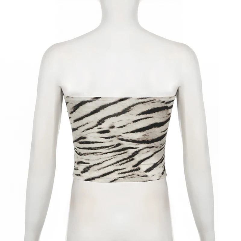 Vintage Zebra Stripe Pattern Summer Tube Top Women Strapless Y2K Streetwear Party Crop Tops Off Shoulder 90s Outfits
