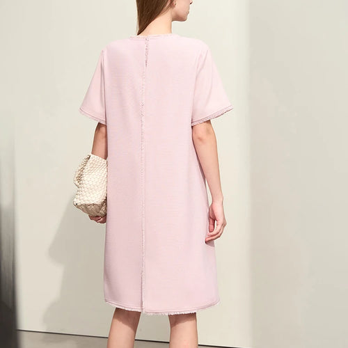 Minimalism Dresses For Women 2024 Spring New Light Luxury Style Tassel Spliced Short-sleeve Straight Midi Vestidos 12441197