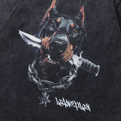 Load image into Gallery viewer, Vintage Oversized T-Shirts Streetwear Cartoon Doberman Dog knife Graphic Printed Black Tshirt Hip Hop Harajuku Punk Gothic Tops
