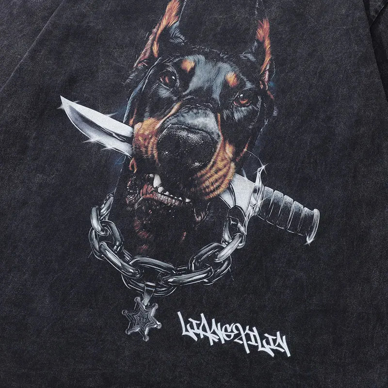 Vintage Oversized T-Shirts Streetwear Cartoon Doberman Dog knife Graphic Printed Black Tshirt Hip Hop Harajuku Punk Gothic Tops