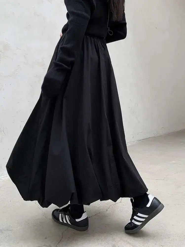 High Elastic Waist Black Brief Topstitched Long A-line Half-body Skirt Women Fashion Tide New Spring Autumn 2025 1DH8357