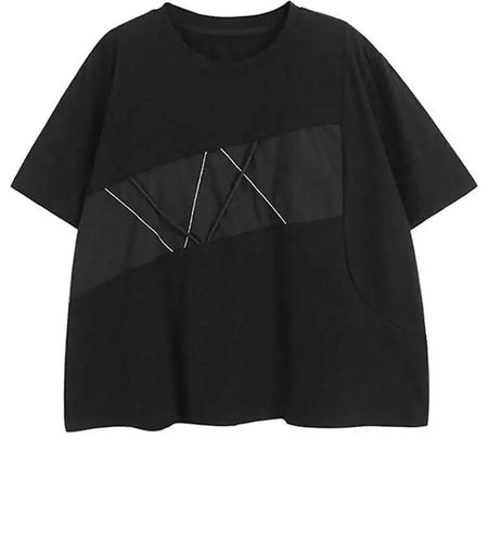 Women Black Color-block Shaped Big Size T-shirt New Round Neck Short Sleeve Fashion Tide Spring Summer 2025 1DH5563