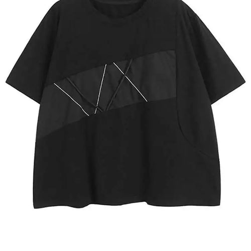 Load image into Gallery viewer, Women Black Color-block Shaped Big Size T-shirt New Round Neck Short Sleeve Fashion Tide Spring Summer 2025 1DH5563
