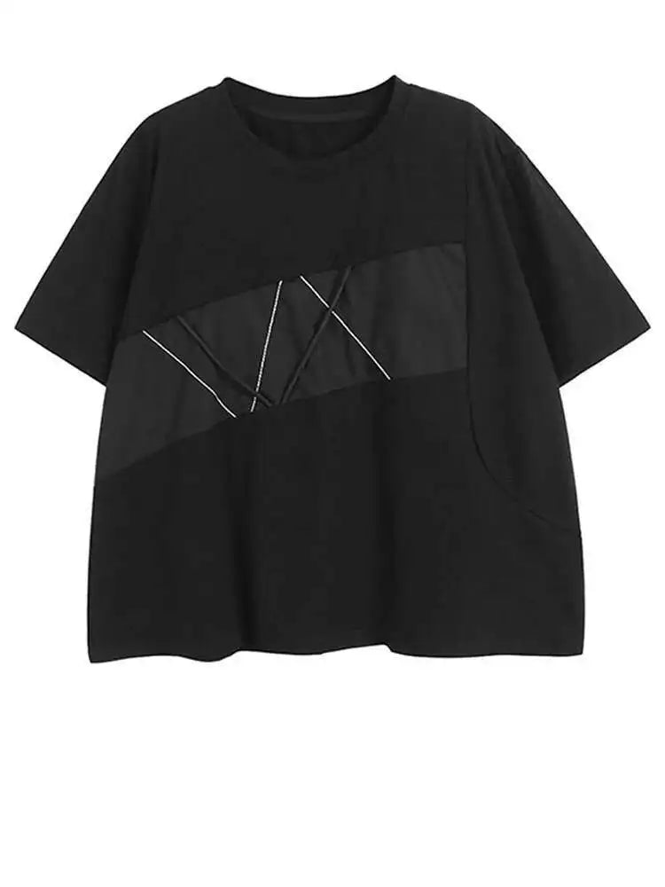 Women Black Color-block Shaped Big Size T-shirt New Round Neck Short Sleeve Fashion Tide Spring Summer 2025 1DH5563