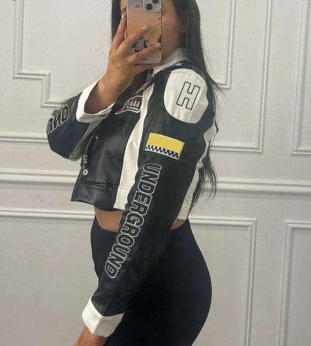 Hipster Patchwork Jacket Women Y2K Letter Print Hipster Uniform Street Single-Breasted Hipster Autumn Trend Zip Coats