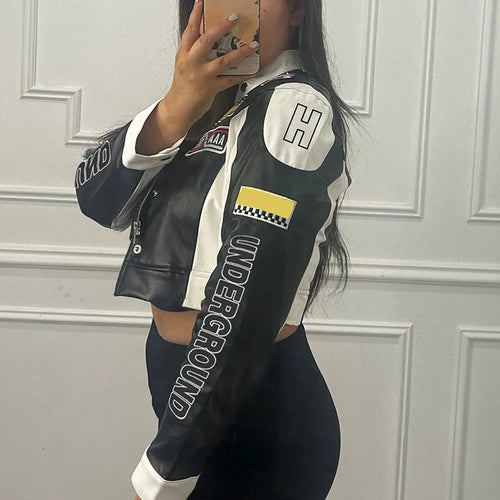 Load image into Gallery viewer, Hipster Patchwork Jacket Women Y2K Letter Print Hipster Uniform Street Single-Breasted Hipster Autumn Trend Zip Coats
