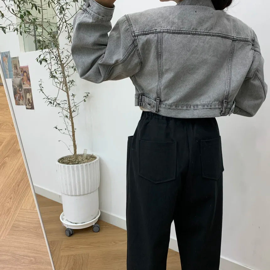 Retro Grey Crop Denim Jacket Women Long Sleeve 2023 Autumn Street Korean Fashion High Waist Jean Coat Ladies Festival Outerwear