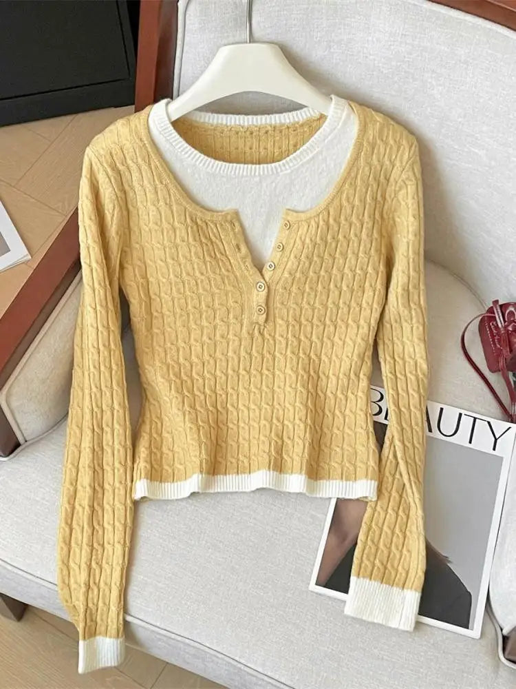 Korean Autumn Winter Patchwork Elegant Button Pullover Short Sweater Women's 2024 New Long Sleeved Knitted Tops Versatile Casual