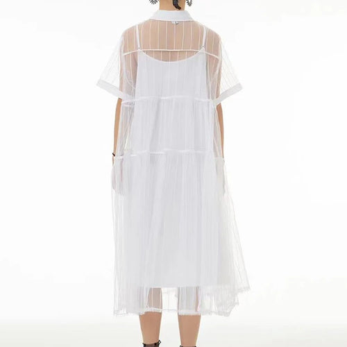 Load image into Gallery viewer, Women Black Mesh Perspective Midi Elegant Shirt Dress New Lapel Short Sleeve Fashion Tide Spring Summer 2025 1DJ0866
