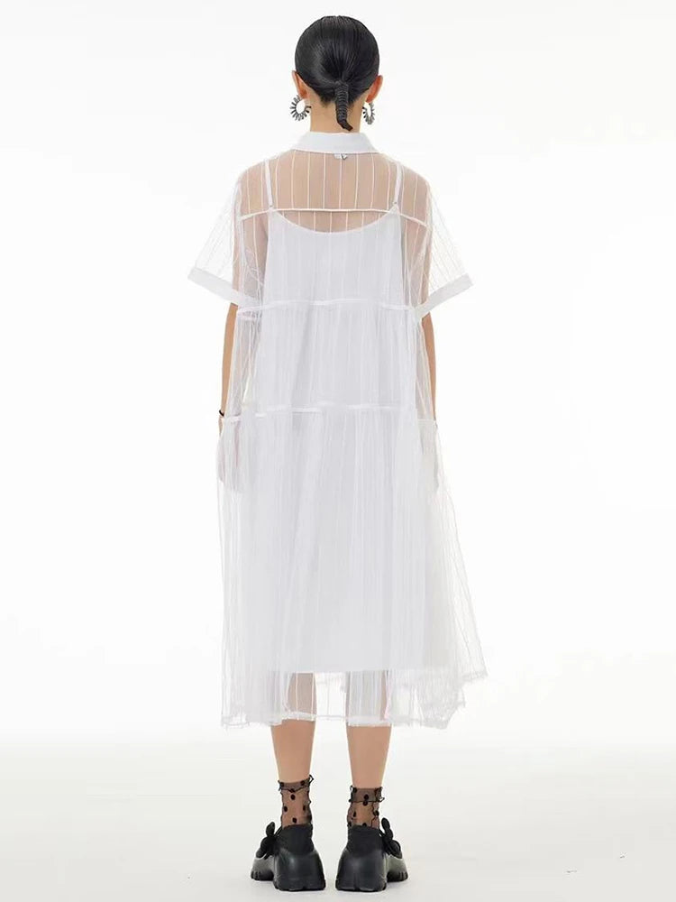 Women Black Mesh Perspective Midi Elegant Shirt Dress New Lapel Short Sleeve Fashion Tide Spring Summer 2025 1DJ0866