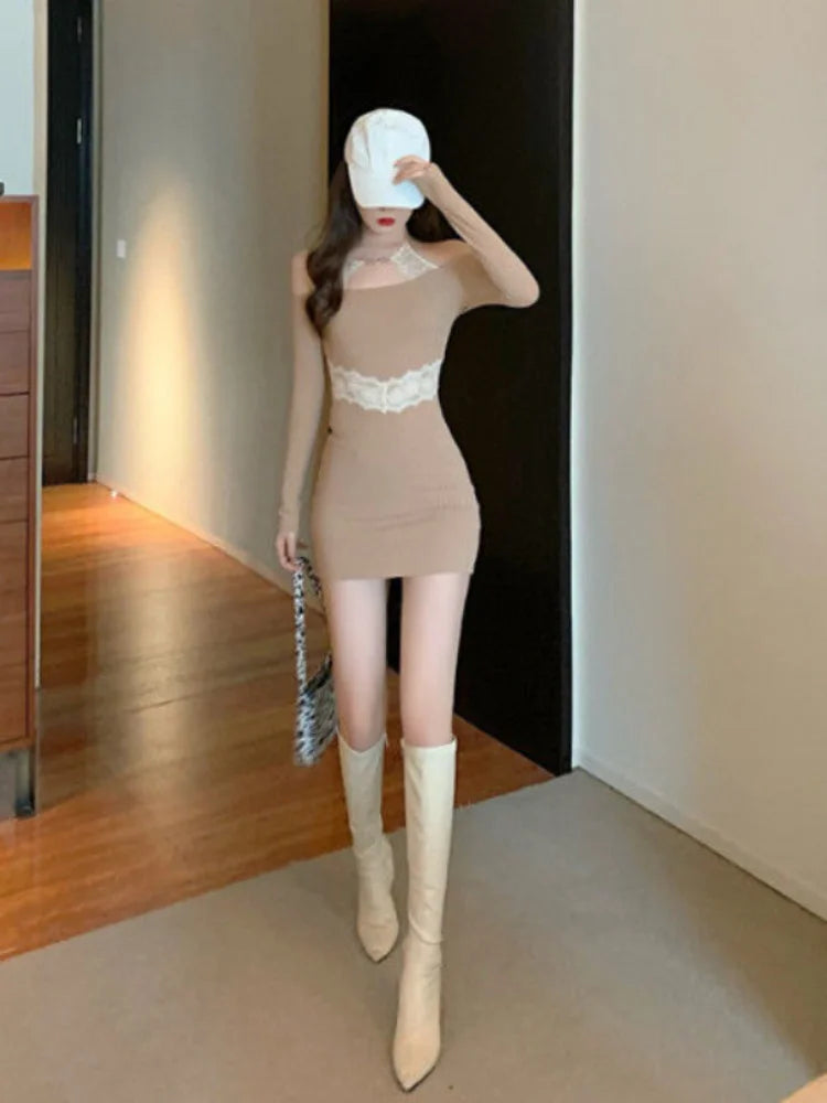 Sexy Lace Halter Dress Bodycon Wrap Off Shoulder Korean Fashion Kpop Wrap Party Dresses Out Fits
